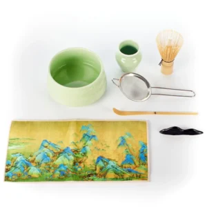 Kit de té matcha tradicional con bowl verde, chasen de bambú y accesorios