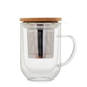 Taza infusor de vidrio con tapa de madera para té individual